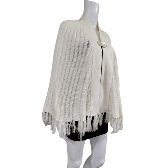 Vintage Open Arms Trim Hem Knit Button Front Shawl Sweater Off White Women's - Picture 4 of 6